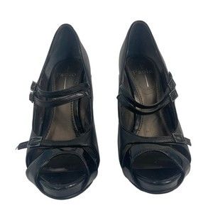 Linea Paolo Women's US Sz 10.5 M Black Leather Heel Open Toe Pump Straps Buckle